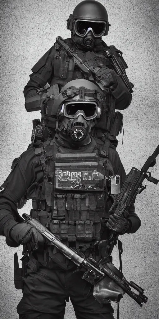 Image similar to portrait of a swat agent with a tactical helmet and goggles holding a machine gun, his head is burning , at night, mid shot, editorial photography