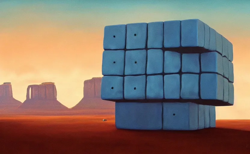 Prompt: hyperrealist painting of an giant cube from independence day ( 1 9 9 6 ) in monument valley stonehenge. 1 9 7 0 s science fiction, moody, misty, depth perception, 4 k, artstation, in the style of studio ghibli