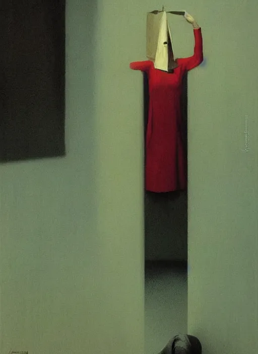 Image similar to woman in paper bag over the head and a sward Edward Hopper and James Gilleard, Zdzislaw Beksinski, highly detailed