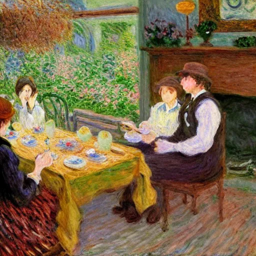 Prompt: harvest moon a wonderful life waifus eating dinner by a fireplace, warm place, tasty - looking food, happy, painted by claude monet