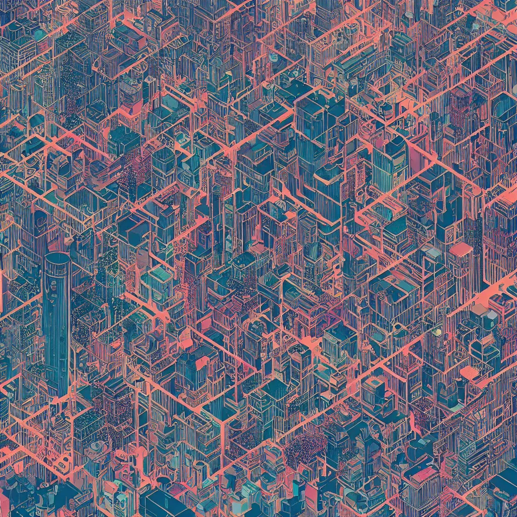 Image similar to isometric view illustration of a cyberpunk city, highly detailed mid day by Victo Ngai