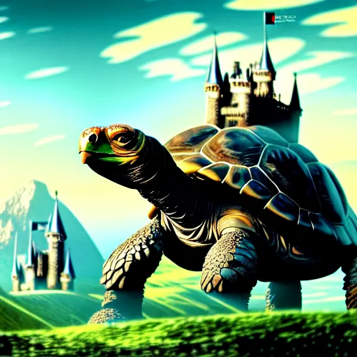 Image similar to giant tortoise walking with a large fantasy castle rising growing from the top of it, distant shot birds eye view, fantasy, hyper detailed, 4 k, howls moving castle, mortal engines,