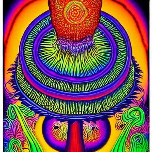 Image similar to Terence McKenna reincarnated as a magic mushroom. in style of Alex Grey, highly detailed, blacklight poster