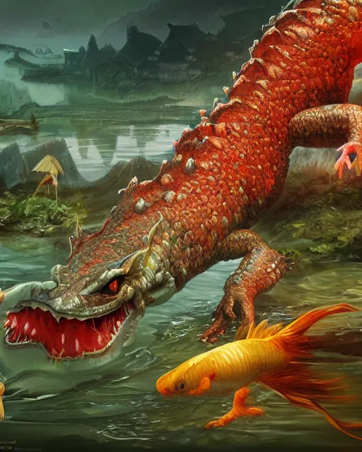 Prompt: game character beautiful giant kaiju sized pond dragon half fish half salamander, wet amphibious skin, red salamander, axolotl creature, koi pond, korean village by Ruan Jia and Gil Elvgren, fullbody