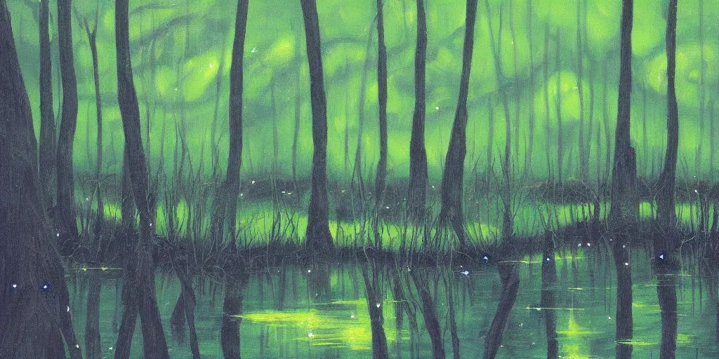 Prompt: painting of fireflies in a murky swamp