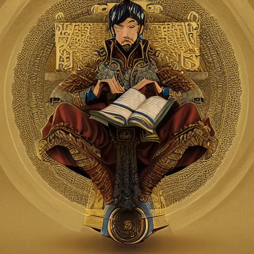 Image similar to yurunu, he rules over wisdom and knowledge. his symbol is a scroll. highly detailed and intricate 8 k concept fantasy art illustration