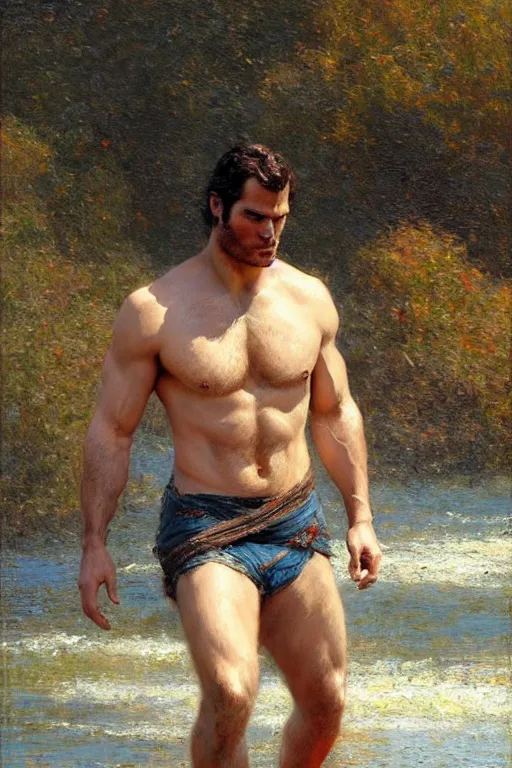 Image similar to henry cavill by river, painting by gaston bussiere, craig mullins