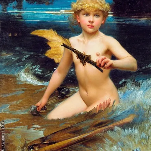 Image similar to a young girl fighting a primal predator, highly detailed painting by gaston bussiere and j. c. leyendecker 8 k