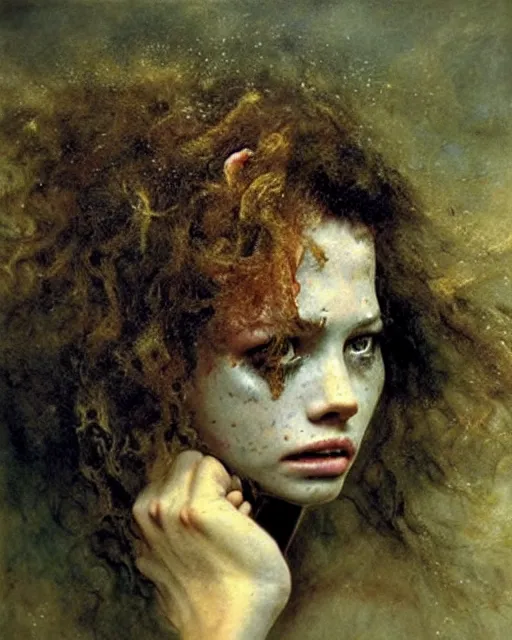 Prompt: a beautiful and eerie baroque painting of a gorgeous young woman bleeding in dead space. She has wild, curly hair, freckles and violence in her eyes photographed in the 1970s, by Alan Lee