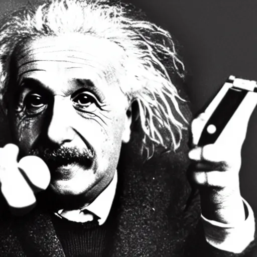 Prompt: photo of einstein holding a ps 5 controller while shouting