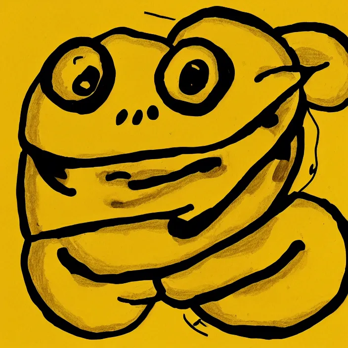 Prompt: a drawing of a sausage outline with a smiley face, yellow background