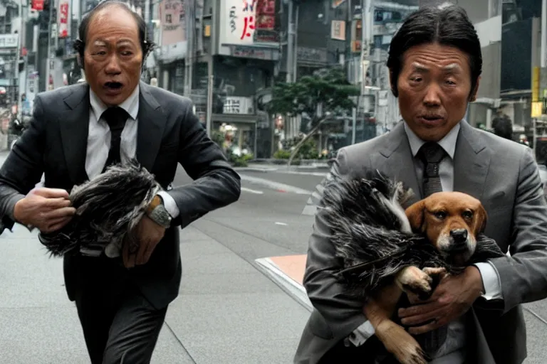 Image similar to cinematography action movie closeup portrait of a Japanese business man carrying his dog running from an explosion in Tokyo by Neil blomkamp