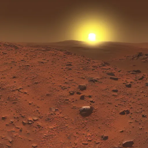 Prompt: yellow sunrise on mars over a rocky surface