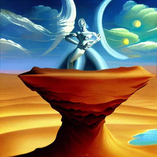 Image similar to journey of Bucolic gaze sand Desert Deity under crimson azure diamond sky, in the style of Frank Frazetta, Jeff Easley, Caravaggio, extremely clear and coherent, clear lines, 8K revolution