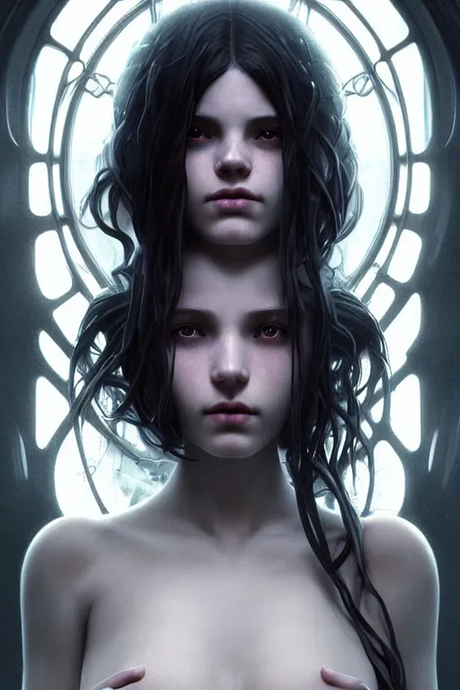 Image similar to beautiful and enigmatic gothic girl held captive in a remote research facility. vulnerability and innocence, ultra realistic, sharp details, subsurface scattering, intricate details, warm lighting, beautiful features, highly detailed, photorealistic, octane render, 8 k, unreal engine, art by artgerm and greg rutkowski and alphonse mucha