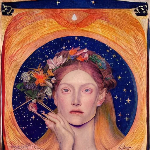 Image similar to queen of the moon with stars in her hair, by annie swynnerton and tino rodriguez and nicholas roerich and lucien freud and jean delville, dramatic lighting, floral tattoos, rich colors, smooth sharp focus, extremely detailed, adolf wolfli