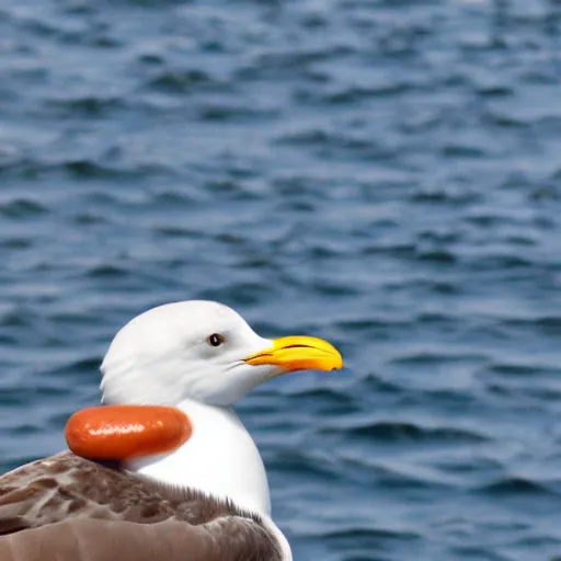 Image similar to seagull with hot dog hanging out of beak.