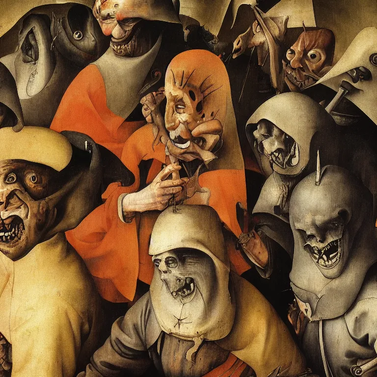 Prompt: The portrait of fish men and Grim Reaper who laughs and follow them, by Hieronymus Bosch and Pieter Bruegel inspired by Terry Pratchett, super detailed oil painting, hyper realistic faces, 4k, masterpiece