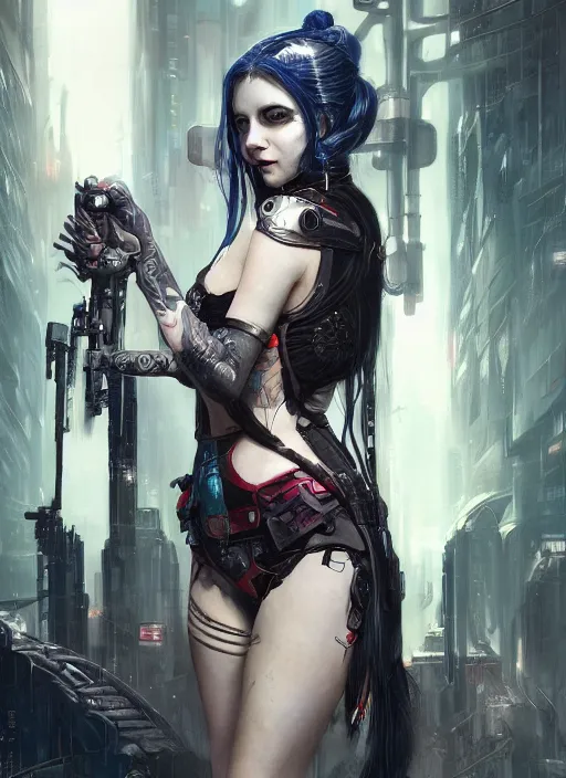 Prompt: a beautiful illustration of cyberpunk elven harley quinn, black hair, intricate, sharp focus, illustration, highly detailed, digital painting, concept art, matte, art by wlop and artgerm and greg rutkowski and alphonse mucha, masterpiece