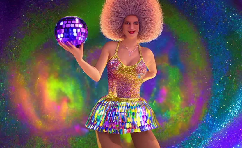 Prompt: Ultradetailed, hyperrealistic, a vintage roller skating disco queen wearing a disco ball skirt mirror tanktop with a disco ball afro in a psychedelic cosmic roller rink in the clouds, by Vladimir kush, by josib csoor, by Laurie Lipton, rendered in octane, volumetric lighting, retro color scheme, trending on artstation -20