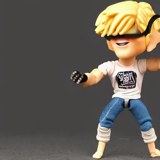 Image similar to action figure of a skinny blonde male wrestler wearing a vr headset and wearing a t - shirt and jeans, high detail, realistic,