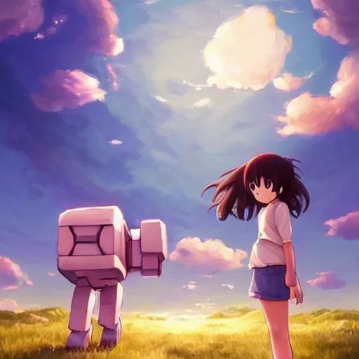 Image similar to beautiful painting of companion cube in a beautiful landscape, anime, studio ghibli, makoto shinkai, rhads, radiant light, detailed and intricate environment