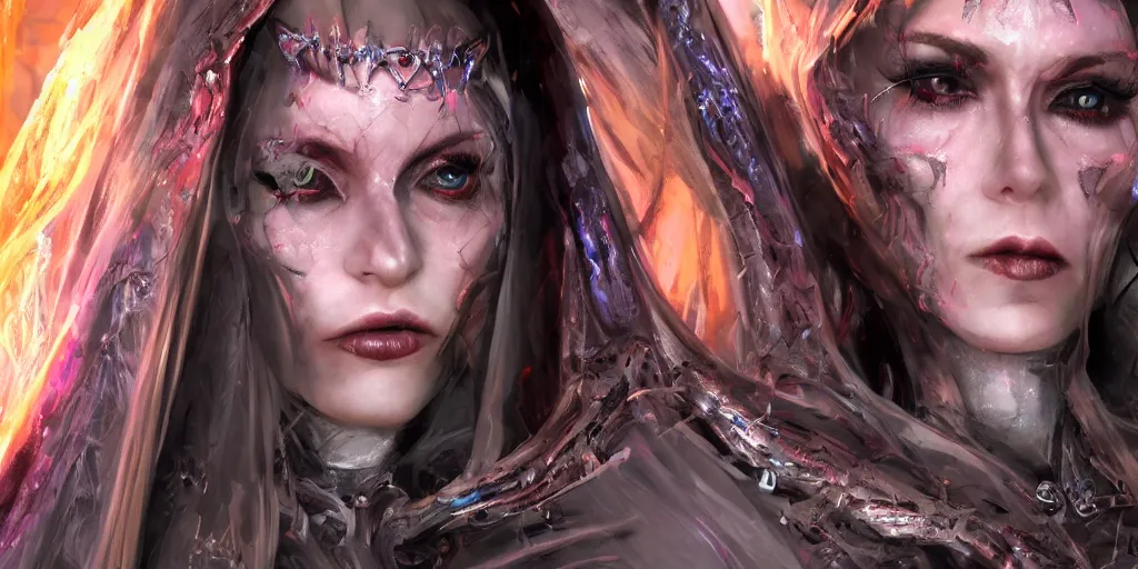 Image similar to minatory precipice cyber sisters of Moria, cyber embellishment, beautiful woman face, 8k resolution