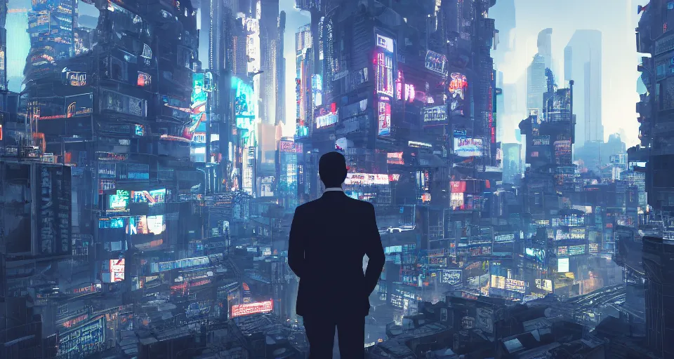 Image similar to Dramatic photo of a businessman in a city made of money. 8k, high detail, trending on Artstation, volumetric lighting, cyberpunk