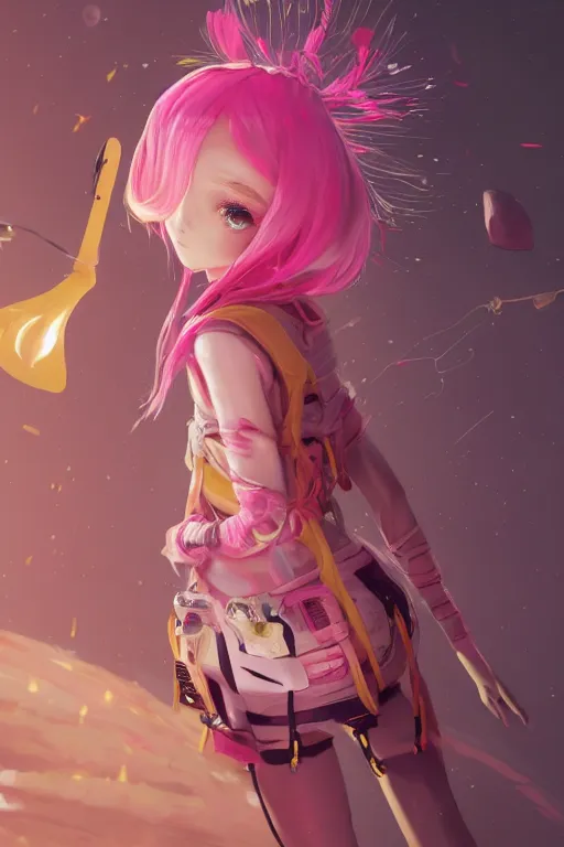 Image similar to a cute girl, pink hair covered with hairpins, big eyes ， yellow inflatable loose plastic cyber technology jacket, huge jet rocket engine backpack, fantasy art by guweiz, sleek curves, intricate sharp focus, trending on artstation hq, deviantart, pinterest, unreal engine 5, highly detailed, 4 k uhd image