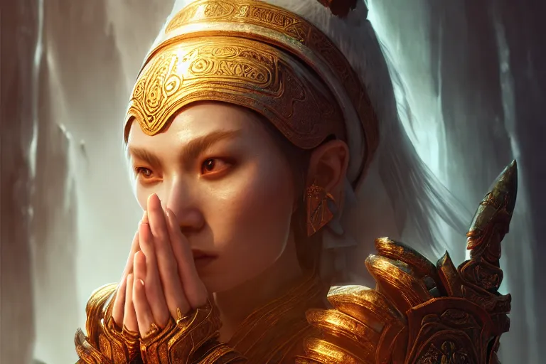 Image similar to a priestess praying to the god of war, occlusion shadow, specular reflection, rim light, unreal engine, octane render, artgerm, artstation, art by yao wang, high quality, intricate detailed 8 k, fantasy illustration, extremely beautiful and aesthetic shape of face and body