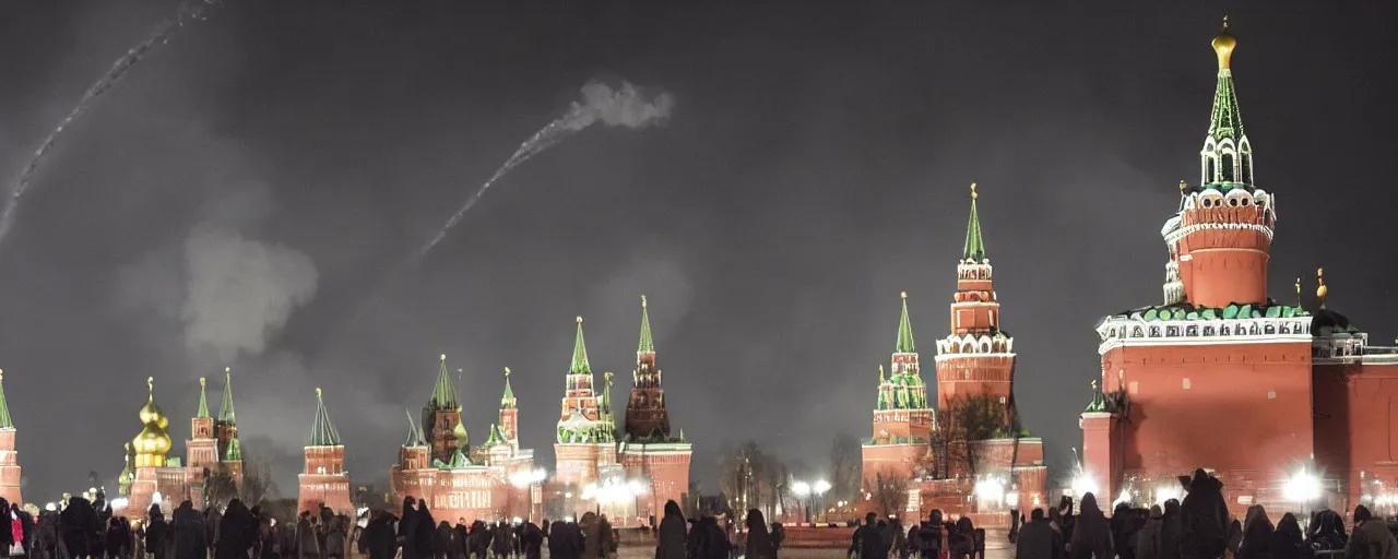 Prompt: Moscow Kremlin is on fire, people are panicking, dark atmosphere. Photography.