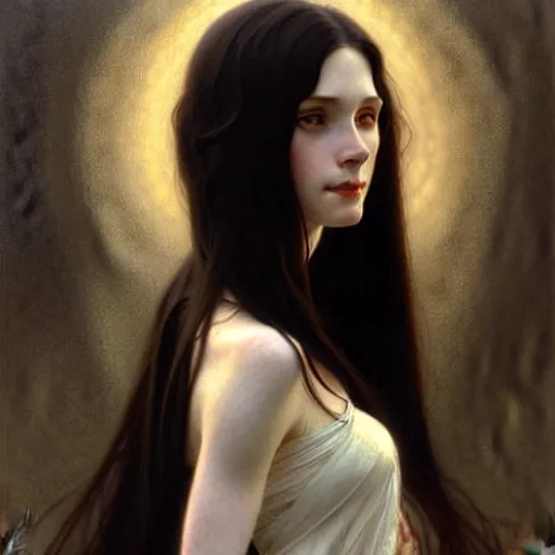 Image similar to Portrait of a beautiful, pale skin, female with long black hair, dark brown eyes, gentle smiling expression, elegant clothing, photorealistic, highly detailed, artstation, smooth, sharp focus, art by Klimt, artgerm, Greg Rutkowski and Alphonse Mucha