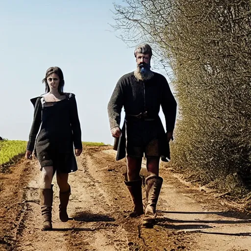 Prompt: medieval setting, tall farmer, muscular, stoic face, grizzled beard, with small teenage daughter with black hair, pale skin and birthmark on pretty face, walking a few fee behind him, walking along muddy road towards a village in the distance, cloudless blue sky, still from film, cinematic, mid shot