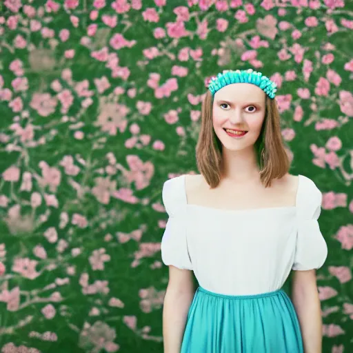 Image similar to a photograph of beautiful nordic woman, wistful smile, wearing a white folkdrakt dress, she has a summer flower headband. against a teal studio backdrop. strong kodak portra 4 0 0 film look. film grain. cinematic. in - focus