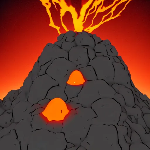 Prompt: a baby magma golem made of rock and lava, dark grey and orange colours, volcano in the background, detailed