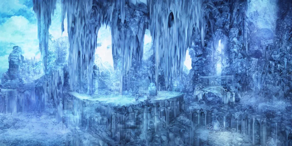 Prompt: Blue gorilla sleeping in a gothic ice castle, panoramic view, anime style