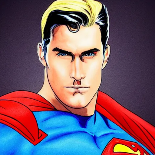 Prompt: hyper realistic portrait of superman with blonde two sides hair and thin face lines, his cape is the american flag