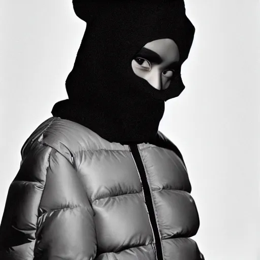 Image similar to realistic! photoshoot for a new balenciaga lookbook, color film photography, portrait of a beautiful woman wearing a balaclava puffer mask, photo in style of tyler mitchell, 35mm lens