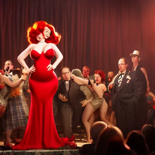 Image similar to Fine art photography of Christina Hendricks as Jessica Rabbit, on stage, in the movie Who Framed Roger Rabbit, highly detailed and intricate, HDR 8k