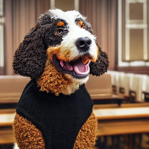 Image similar to a closeup photorealistic photograph of a cute smiling knitted bernedoodle judge dog dressed in a black gown, presiding over the courthouse. indoors, professional capture, well lit shot. this 4 k hd image is trending on artstation, featured on behance, well - rendered, extra crisp, features intricate detail, epic composition and the style of unreal engine.