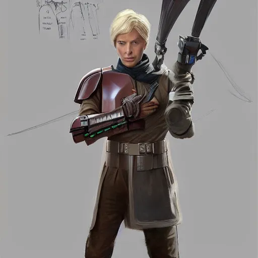 Prompt: a young blonde male jedi with short hair standing still, full body photography, extremely long shot, long shot, over the shoulder shot, ots shot, third-person shot, full-length, head-to-toe, concept art by Doug Chiang cinematic, realistic painting, high definition, concept art, the Mandalorian concept art style