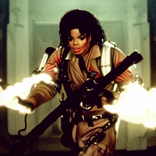 Prompt: stunning awe inspiring michael jackson playing a ( ghostbuster ) in the movie ghostbusters, movie still 8 k hdr atmospheric lighting