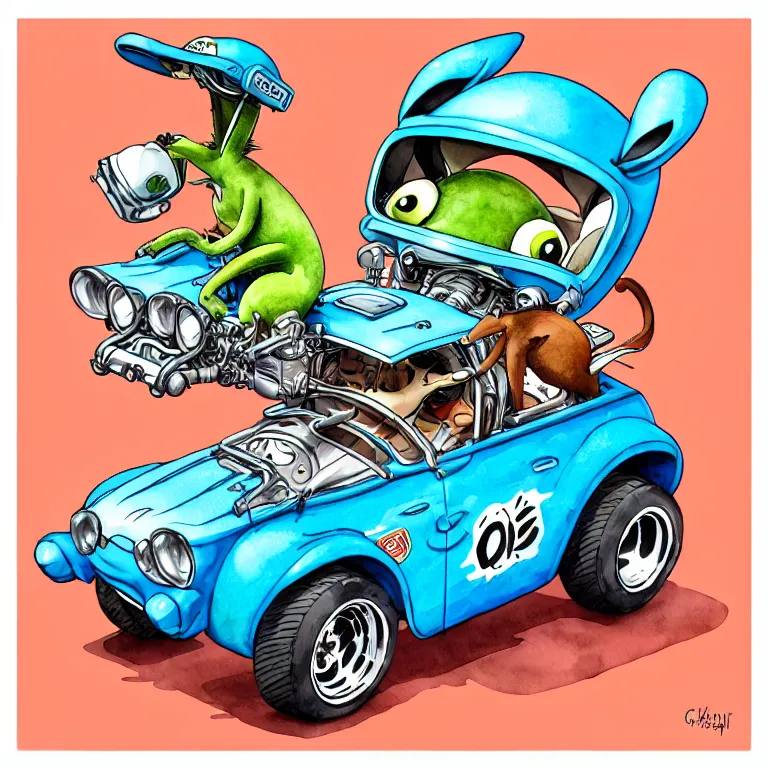 Prompt: cute and funny, kangaroo wearing a helmet riding in a hot rod with oversized engine, ratfink style by ed roth, centered award winning watercolor pen illustration, isometric illustration by chihiro iwasaki, edited by range murata, tiny details by artgerm and watercolor girl, symmetrically isometrically centered, sharply focused