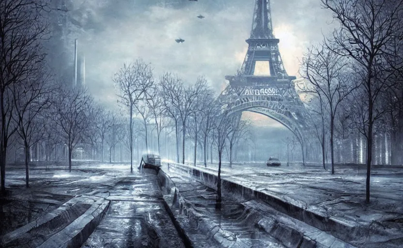 Image similar to nuclear winter, paris, near future, fantasy, sci - fi, hyper realistic, serene.