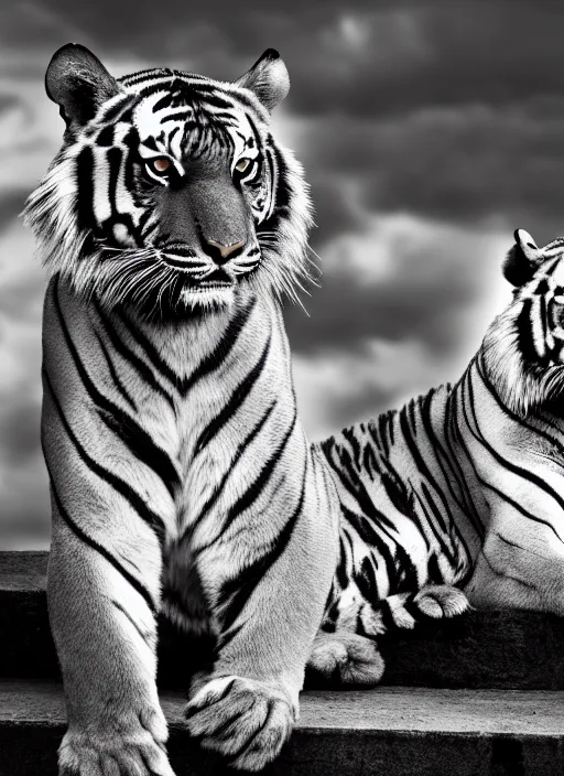 Image similar to two tiger black and white portrait white sky in background