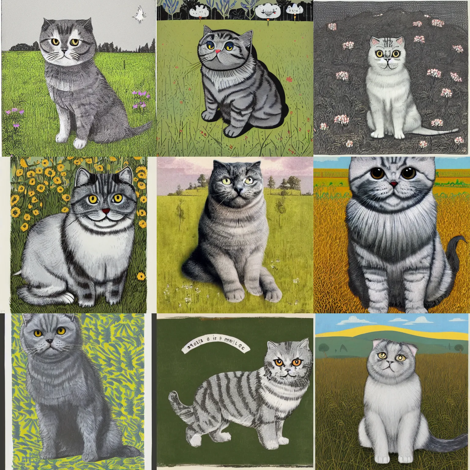 Prompt: a gray scottish fold sitting in the middle of sunny meadow, by ravi zupa