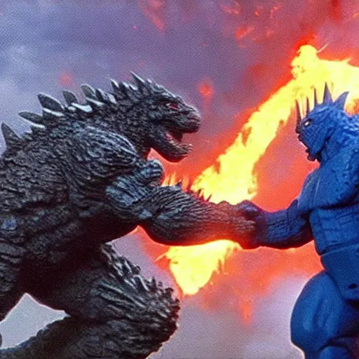 Prompt: Godzilla fighting Optimus Prime in a volcano with guns