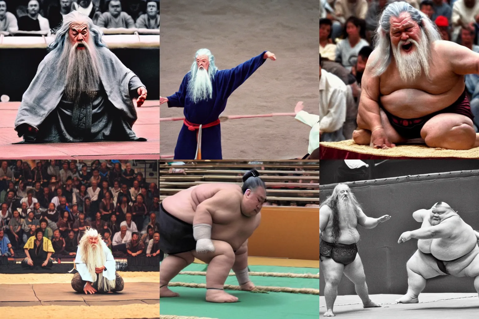 Prompt: gandalf competing at a sumo contest