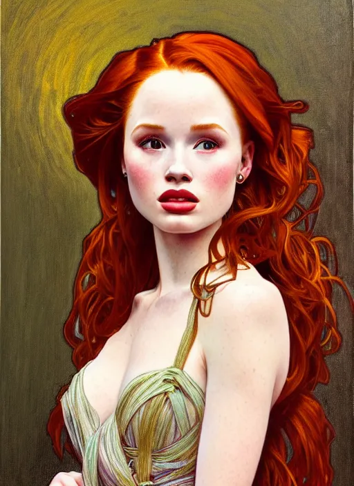 Prompt: oil portrait of madelaine petsch, intricate, elegant, highly detailed, lighting, painting, artstation, smooth, illustration, art by greg rutowski and alphonse mucha