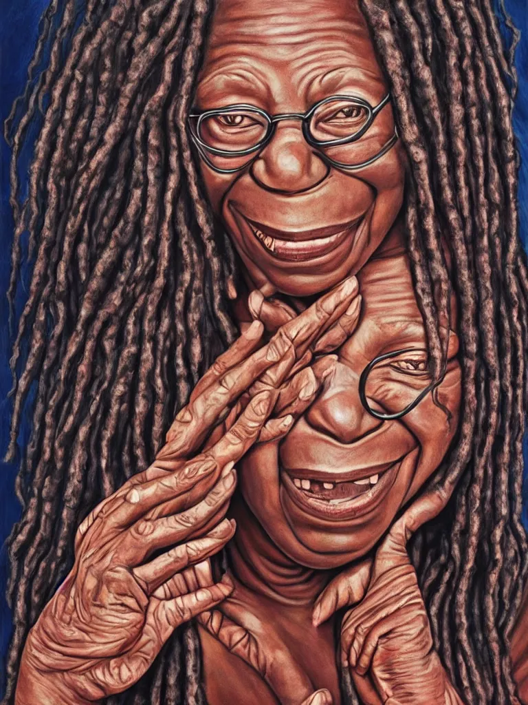 Image similar to portrait of whoopi goldberg, by visionary artist alex grey, painting, hyper realistic, super detailed, high resolution